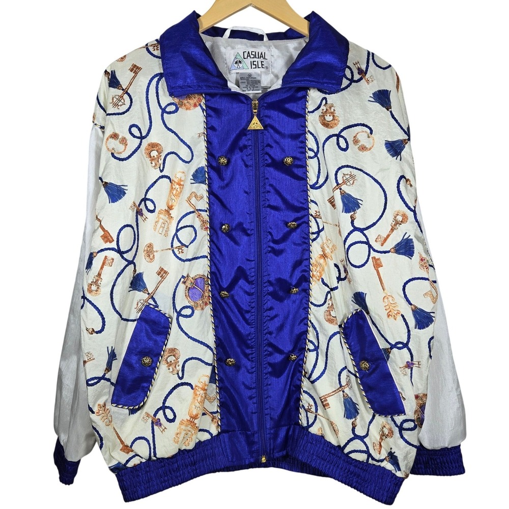 Vintage Casual Isle Womens Medium Windbreaker Jacket Blue White Gold Key Print